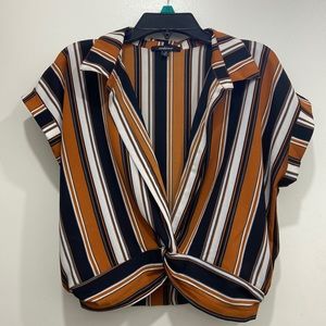 Women crop top deep V-neck vertical striped short sleeves